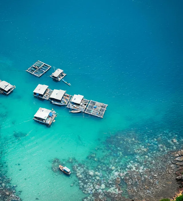 Aerial view of floating fishing houses in the turquoise sea off Phu Quoc